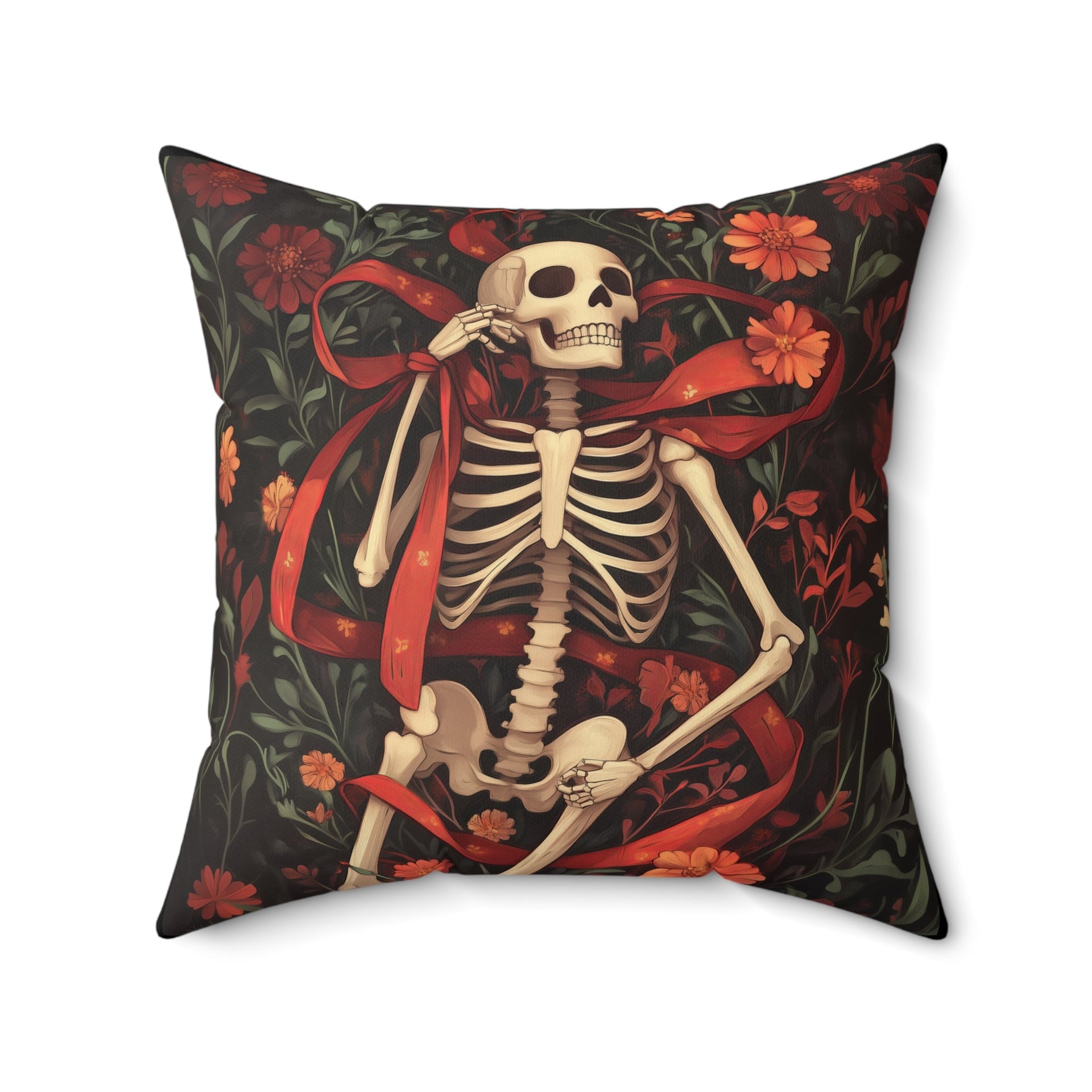 Microsuede Cushion / Halloween Art / Skeleton - Red Ribbon, Orange Flowers