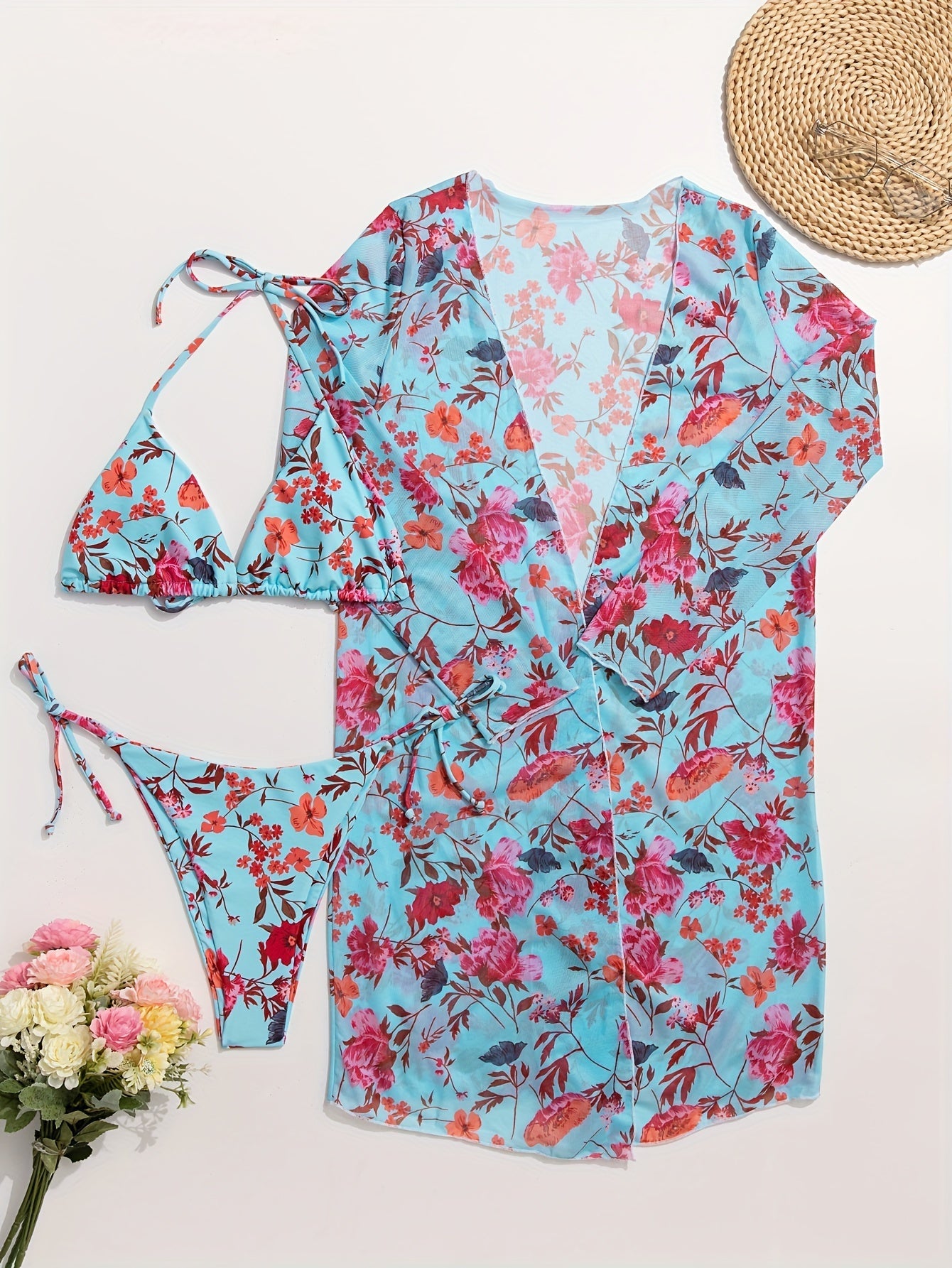 Bikini European Style Floral Print 3 Piece Swimsuit Set for Women – Sexy V Neck Bikini with Cross Strap Detail and Matching Long Sleeve Cover-Up – High Stretch Trendy Swimwear for Summer Beach Vacations Resort Looks and Poolside Fashion