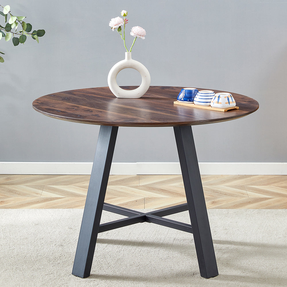 Modern minimalist round dining table and coffee table. 42 Inch Diameter MDF Table Top, Deep Wood Grain Table Top, Black Metal Legs, Fits Home & Office F-1172