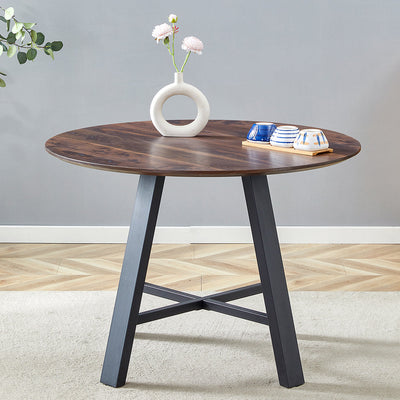 Modern minimalist round dining table and coffee table. 42 Inch Diameter MDF Table Top, Deep Wood Grain Table Top, Black Metal Legs, Fits Home & Office F-1172