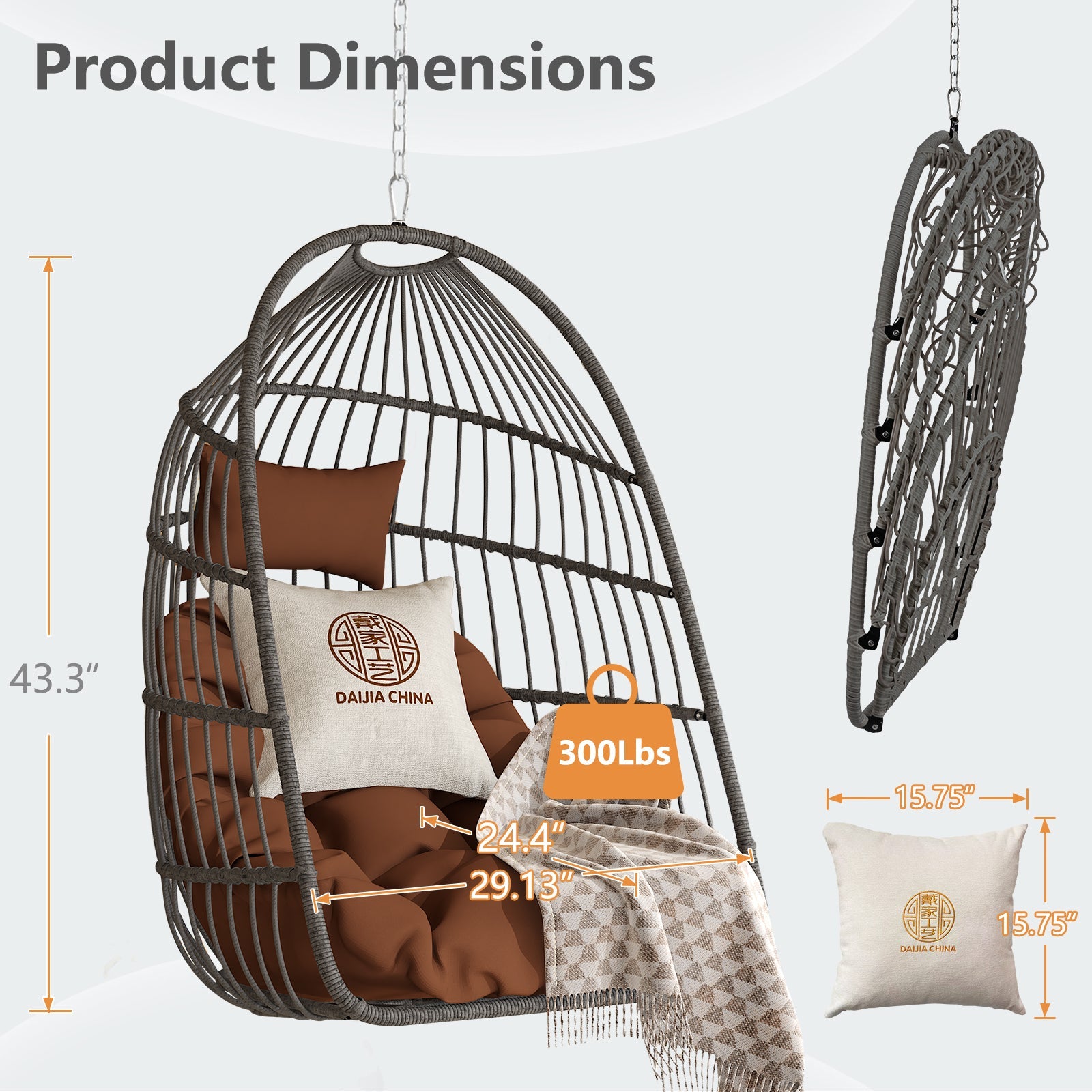 Outdoor Garden Rattan Egg Swing Hanging Chair PE Wicker Hanging Chair for Outdoor Patio
