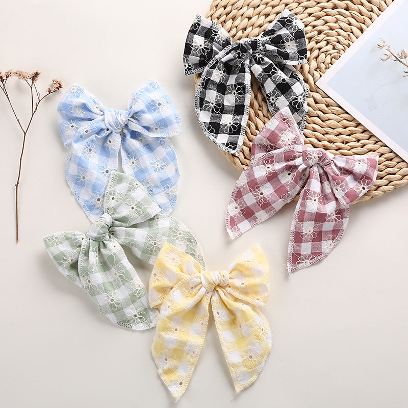Children's Headwear Girl Plaid Cotton Embroidery Bow Hairpin Big Swallowtail Hairpin