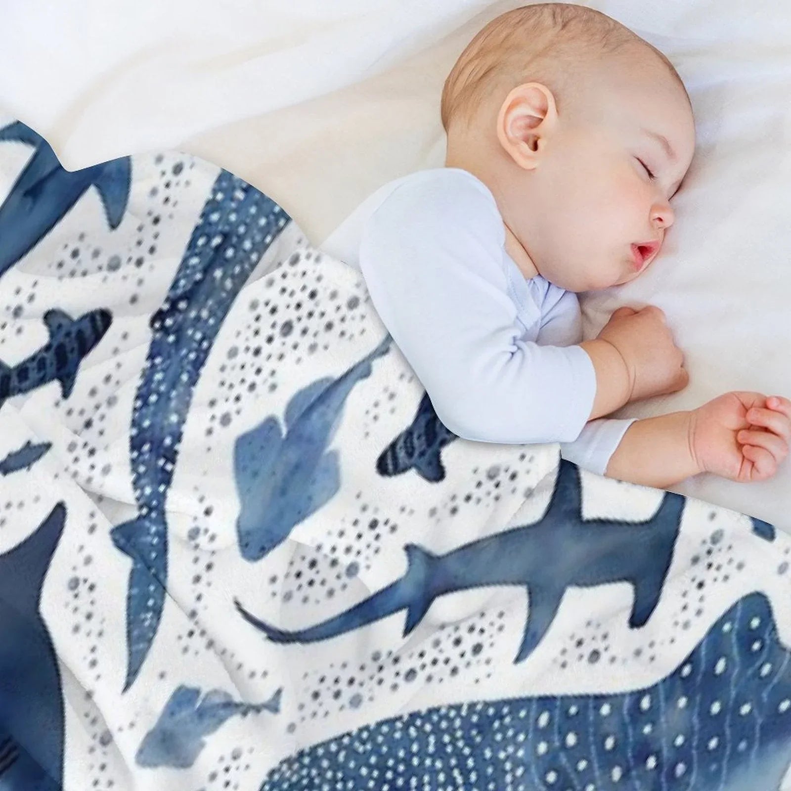 Monochrome Blue Watercolour Shark Ocean on White Throw Blanket