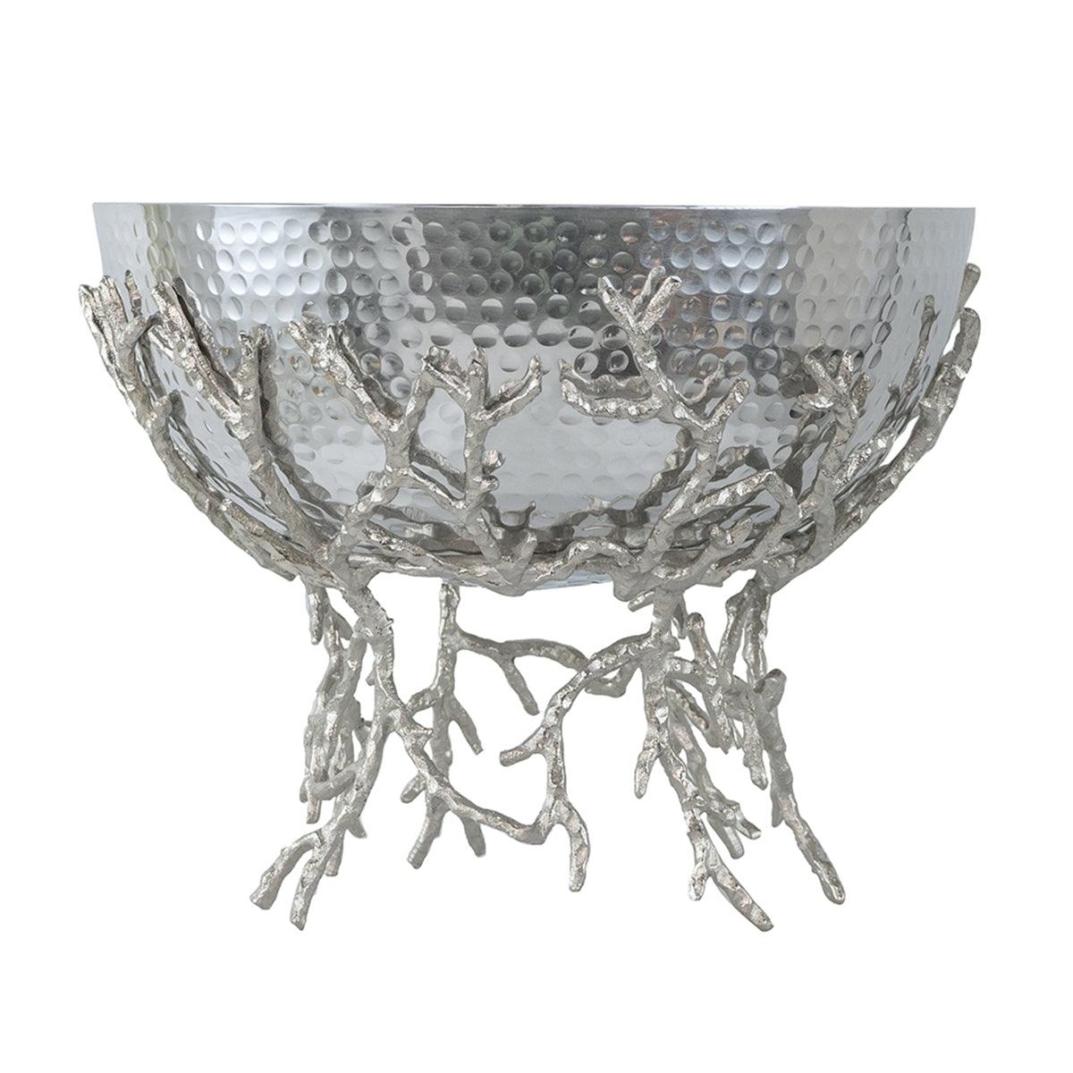 Silver Aluminum Decorative Pedestal Bowl with Sculptural Branch Base – Modern Centerpiece