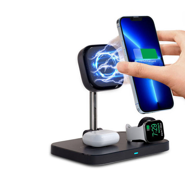 Three in one magnetic wireless charger stand with cooling fan suitable for wireless charging of iPhone earphones and watches