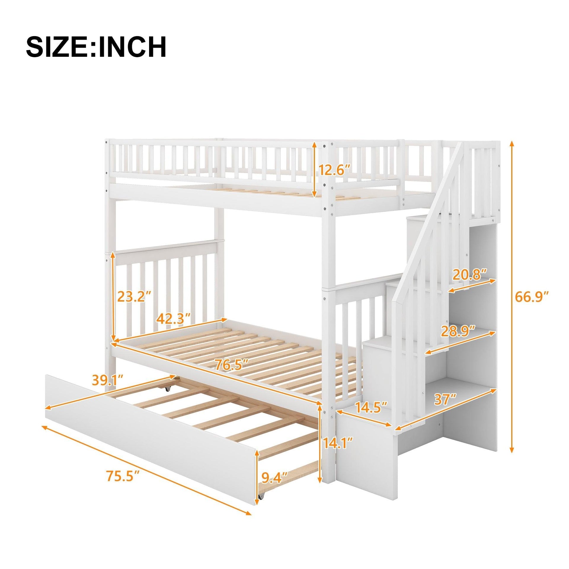 Twin over Twin Bunk Bed with Trundle and Storage  White