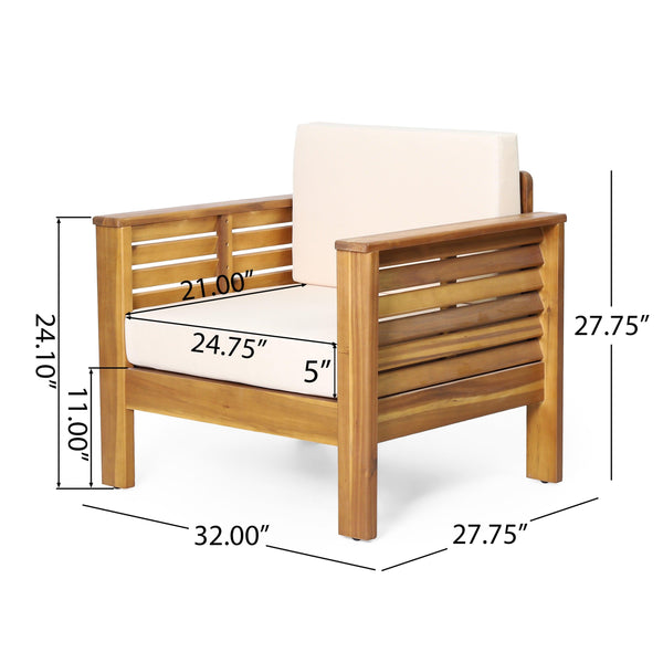 Outdoor Acacia Wood Club Chairs with Cushions, Teak+Beige, 27.75