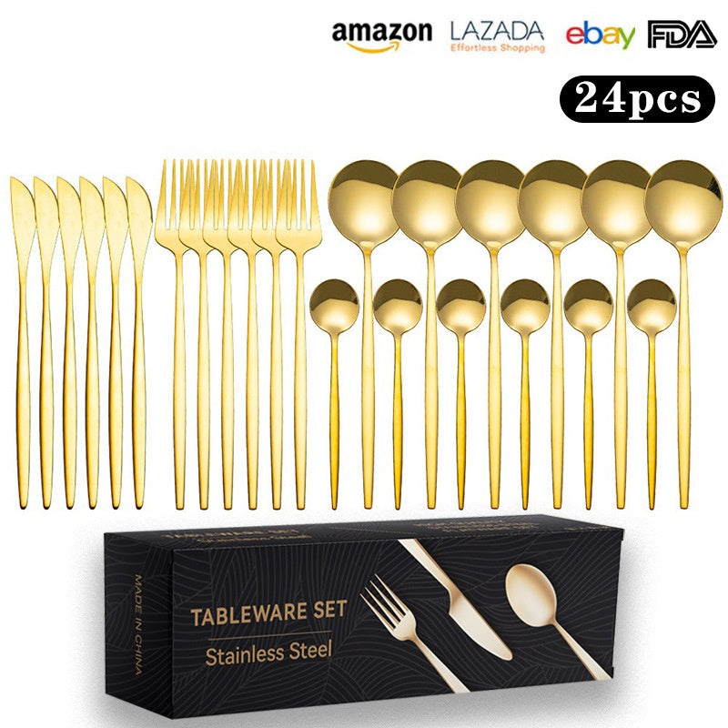 Cutlery Set Stainless Steel Knife Fork Set 24-Piece Tableware Set Golden Steak Knife Fork Spoon 6-Person Set