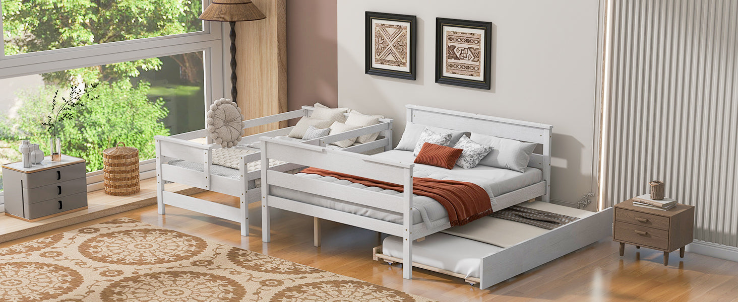 Wood Twin over Full Bunk Bed with Twin Size Trundle  White