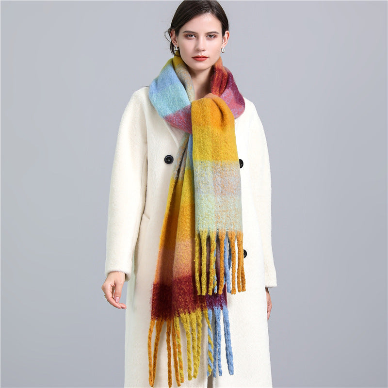 New Luxury Winter Soft Head Wraps Plaid Scarf Shawls Cashmere  Warm Cashmere Scarves Rainbow For Women