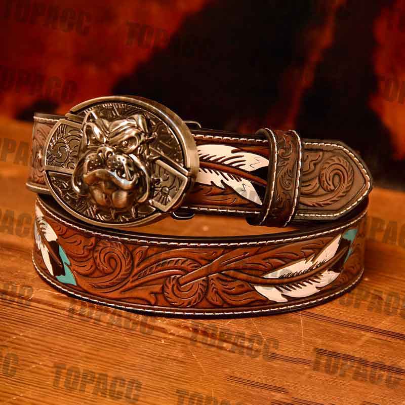 TOPACC Western Leather Feather Belt - Block Buckle