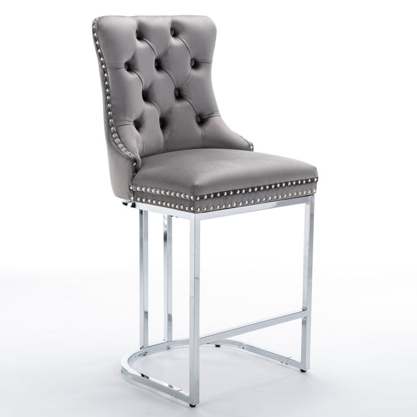 Counter Height Velvet Bar Stools with Button Back & Rivet Trim Upholstered Seats