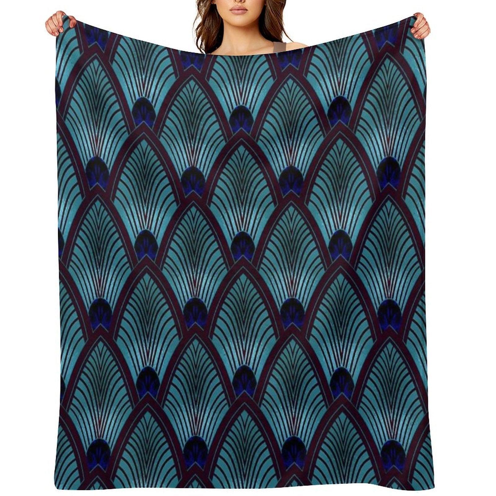 Art Deco Sunburst Fan in Metallic Blue Throw Blanket
