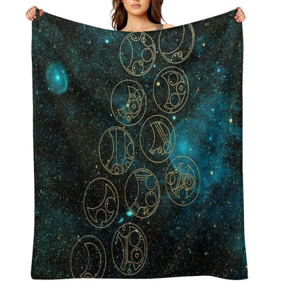 Time Lord Words in Gold on Teal Stellar Background Wrinkle-free Throw Blanket