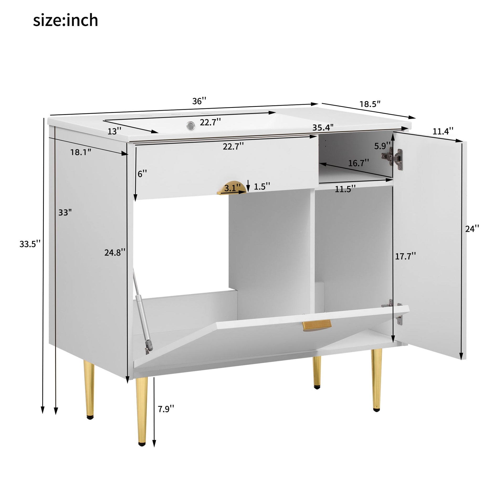 36' Bathroom Vanity with Resin Basin Sink, Modern Bathroom Sink Cabinet, Storage Cabinet with Soft-Closing Door and Drop-Down Door