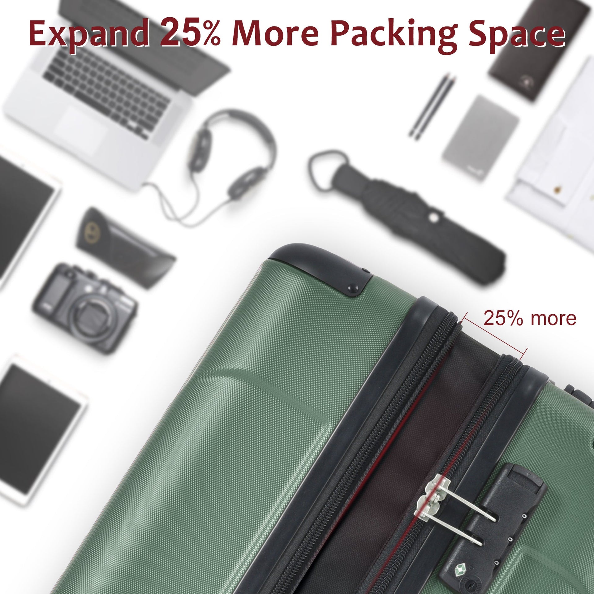 Luggage Sets 2 Piece, Hardshell ABS Lightweight and Expandable(only 28') Suitcases with Double Wheels, Carry-on Luggage, 2-Piece Set (20/28), Green