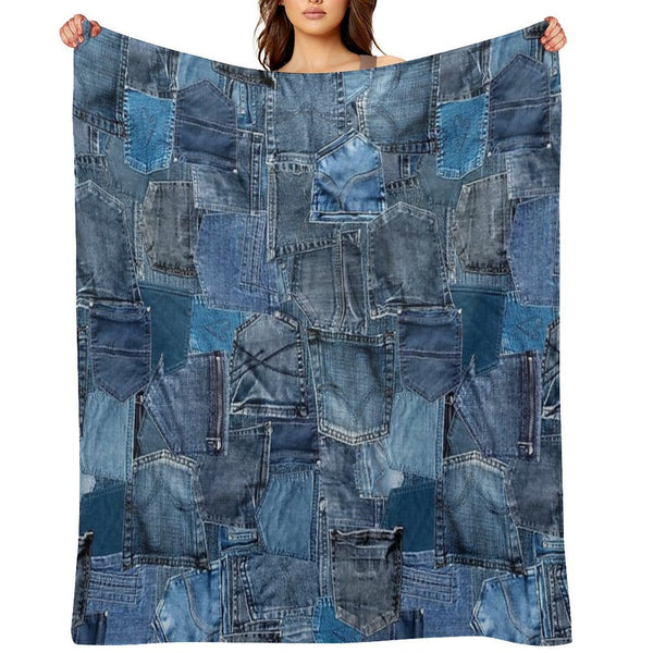 Photograph of Blue Denim Jeans Pocket Patchwork ONLY - Not Real Plush Throw Blanket