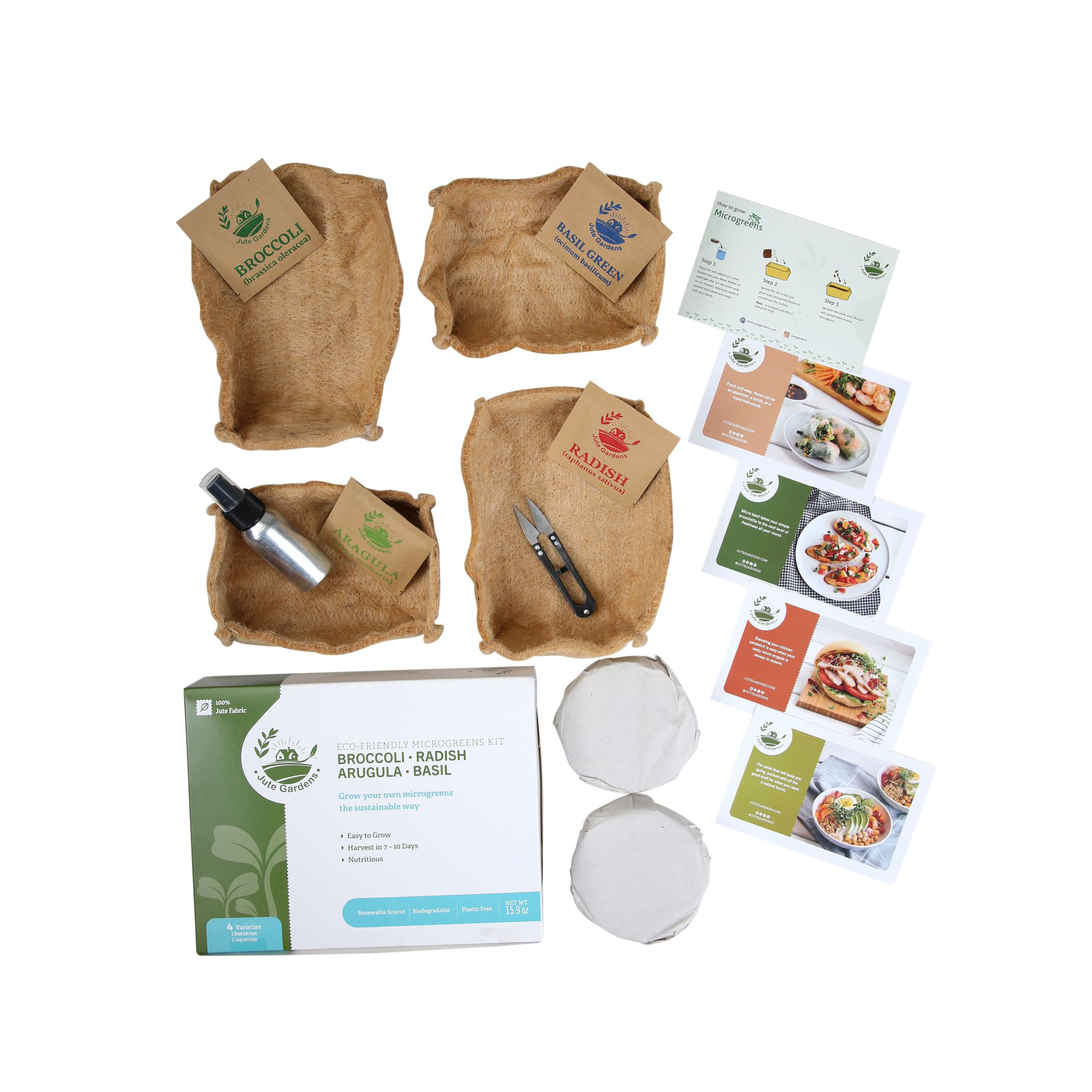 Jute Gardens Microgreen Growing Kit – 4 Seed Variety (Broccoli, Radish, Basil & Arugula), Eco-Friendly Indoor Gardening Set
