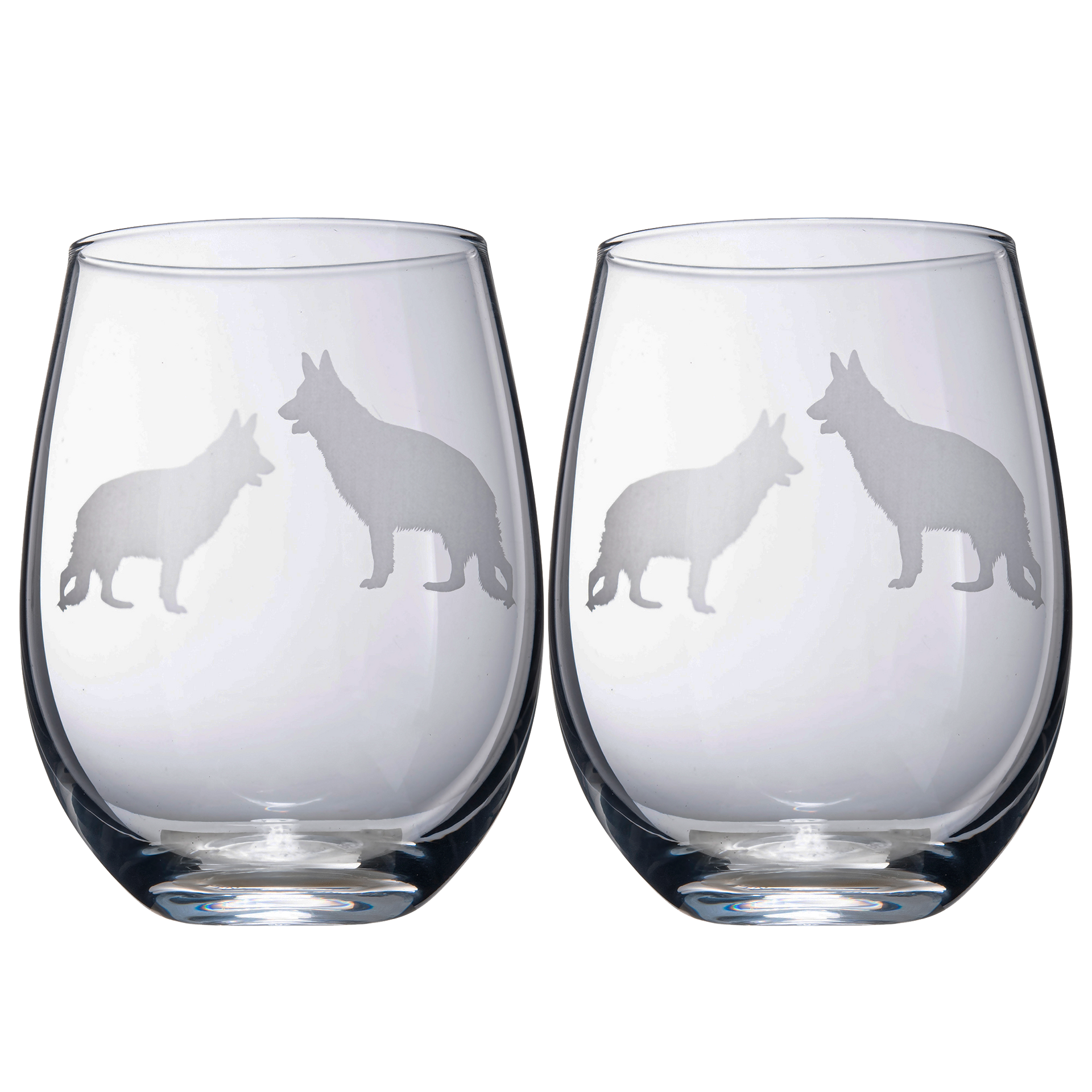 Set of 2 Dog Stemless German Shepherd Wine Glasses by The Wine Savant - Puppy & Doggy Lover for Him and Her Dogs Silhouette - Glass Gifts Etched Tumblers for Anniversary, Wedding, Home Bar Gifts