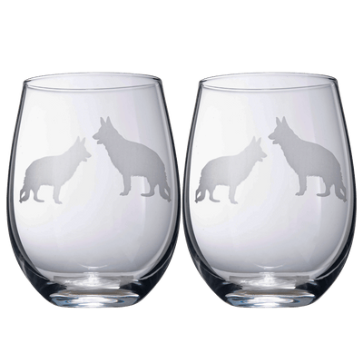 Set of 2 Dog Stemless German Shepherd Wine Glasses by The Wine Savant - Puppy & Doggy Lover for Him and Her Dogs Silhouette - Glass Gifts Etched Tumblers for Anniversary, Wedding, Home Bar Gifts