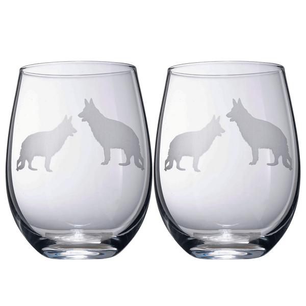 Set of 2 Dog Stemless German Shepherd Wine Glasses by The Wine Savant - Puppy & Doggy Lover for Him and Her Dogs Silhouette - Glass Gifts Etched Tumblers for Anniversary, Wedding, Home Bar Gifts