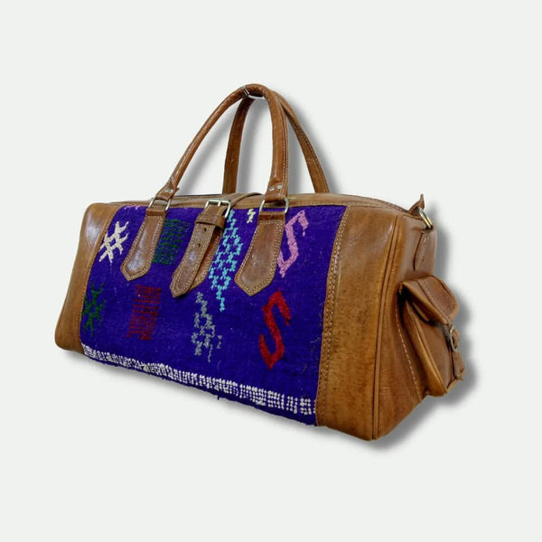 Brown Leather Travel Bag with Blue Moroccan Kilim – Handmade Duffle Ennovanest Limited