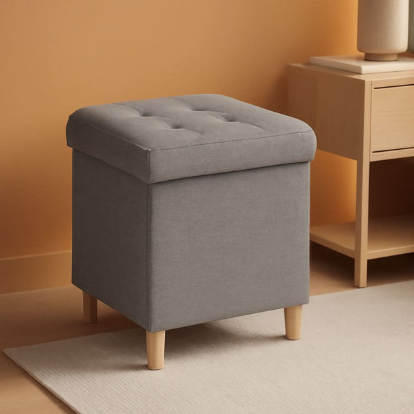 Linen Fabric Storage Ottoman Cube With Tray Lid Elevated Legs 18 Inch