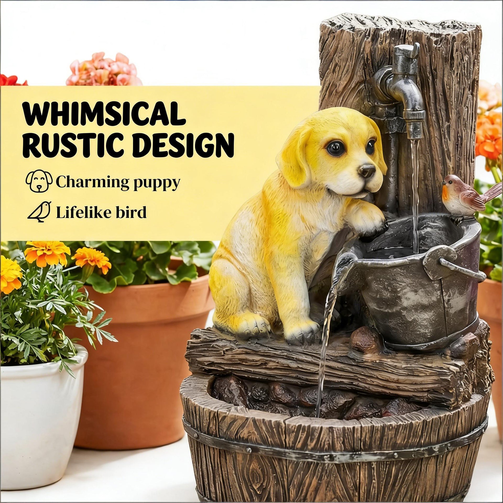 Resin Puppy Garden Outdoor Water Fountain 22 Inch