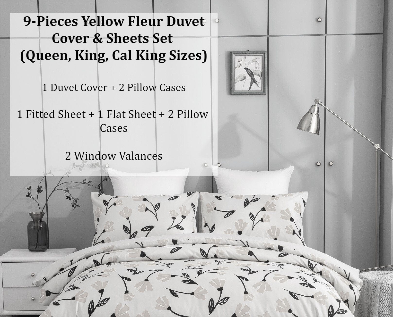 DaDa Bedding Yellow Fleur Golden Orange Botanical Ivory Duvet Cover & Fitted Flat Bed Sheets Set w/ Pillow Cases Window Valances (18112)
