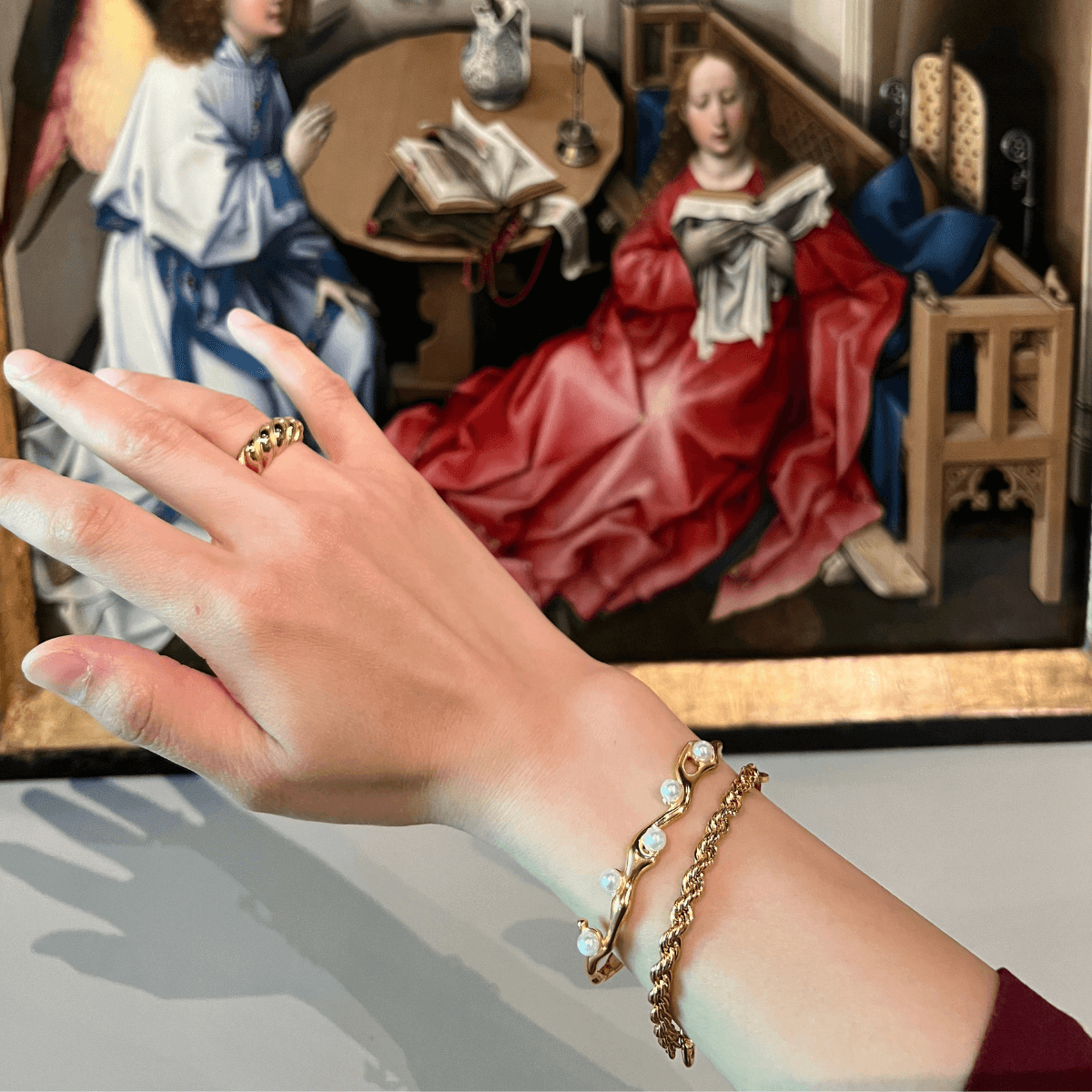 Gold Pearl Open Bangle Bracelet