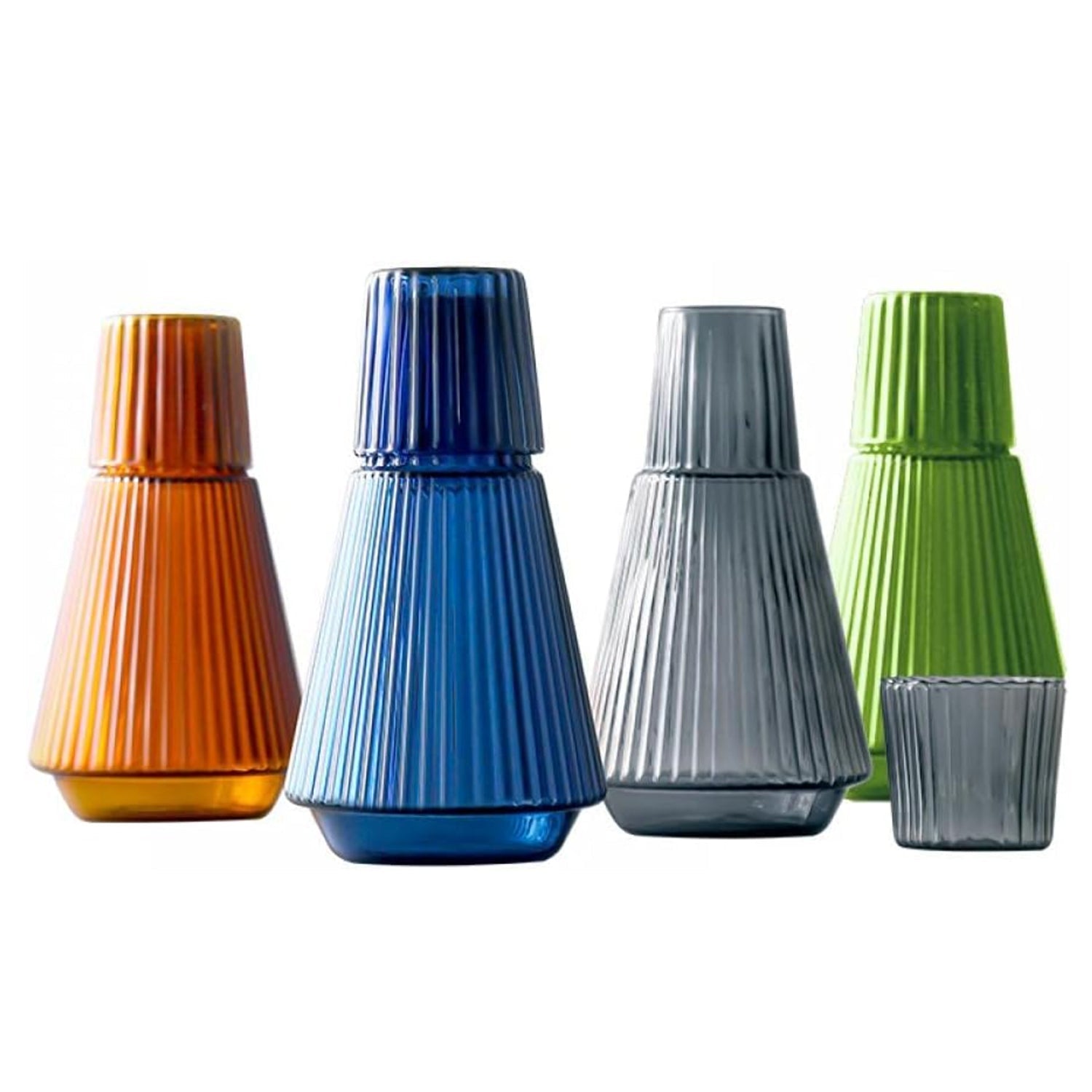 VINTAGE RIBBED BLUE  2 PC WATER CARAFE SET: BOTTLE, CUP