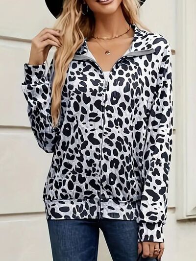Modern Full Size Leopard Black White Collared Neck Zip Up Jacket  Stylish & Comfortable Everyday Wear