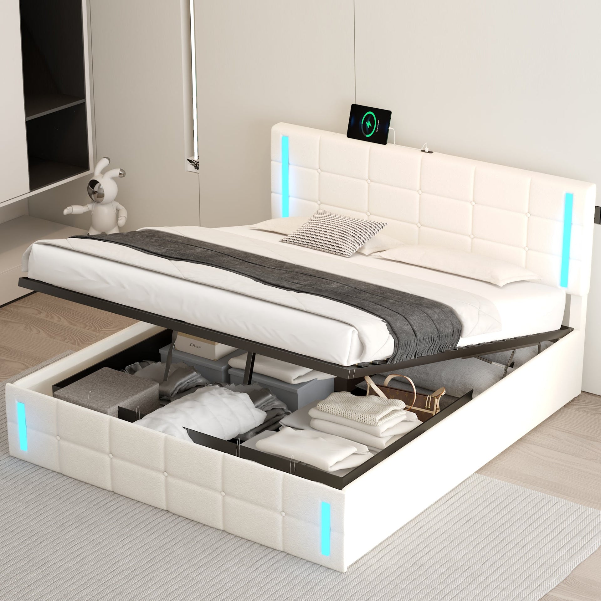 Queen Size Upholstered Bed with LED Lights,Hydraulic Storage System and USB Charging Station,White V.I.P Digital Presence