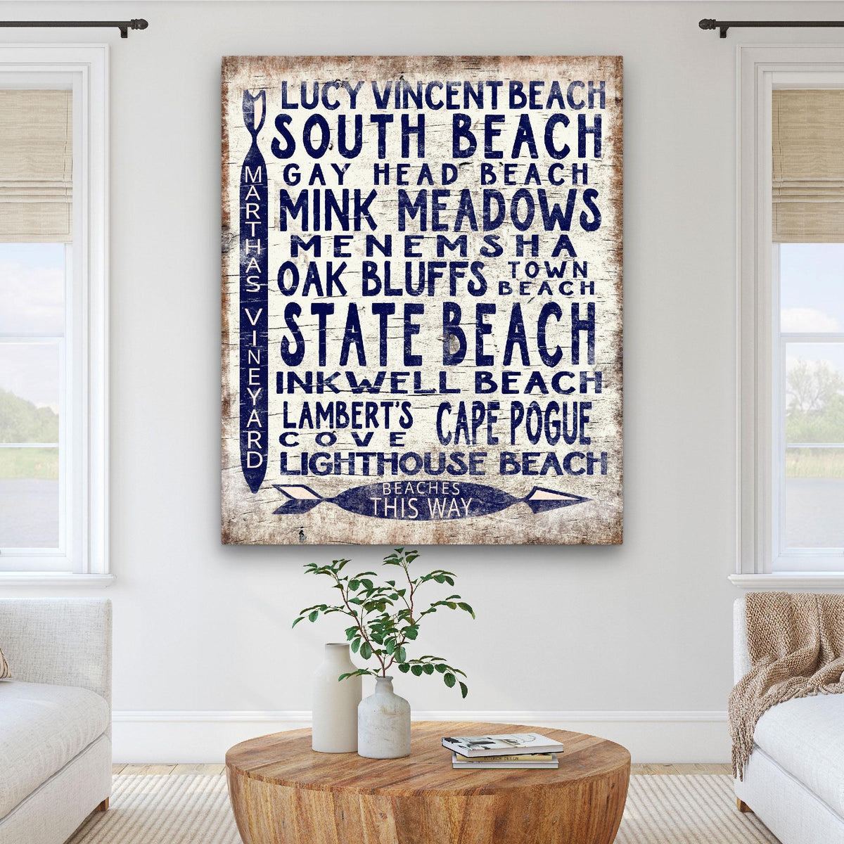Martha's Vineyard Beaches Sign - Vintage Wood Look Vineyard Arrow Sign