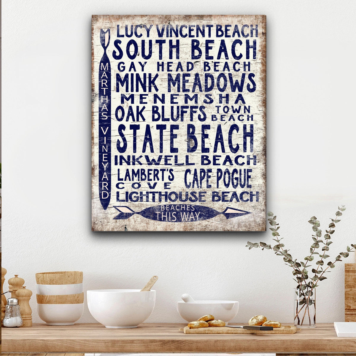Martha's Vineyard Beaches Sign - Vintage Wood Look Vineyard Arrow Sign