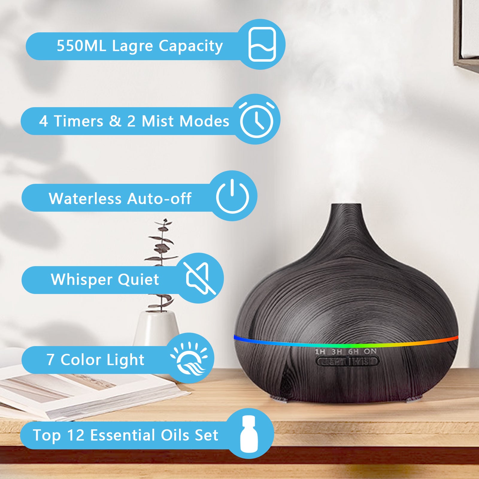 550ML Large Capacity Essential Oil Diffuser for Home | 12 Essential Oils Included, Remote Control