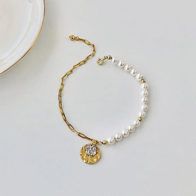 925 Sterling Silver Shell Pearl Chain Bracelet With Coin Charms For Womens Gift
