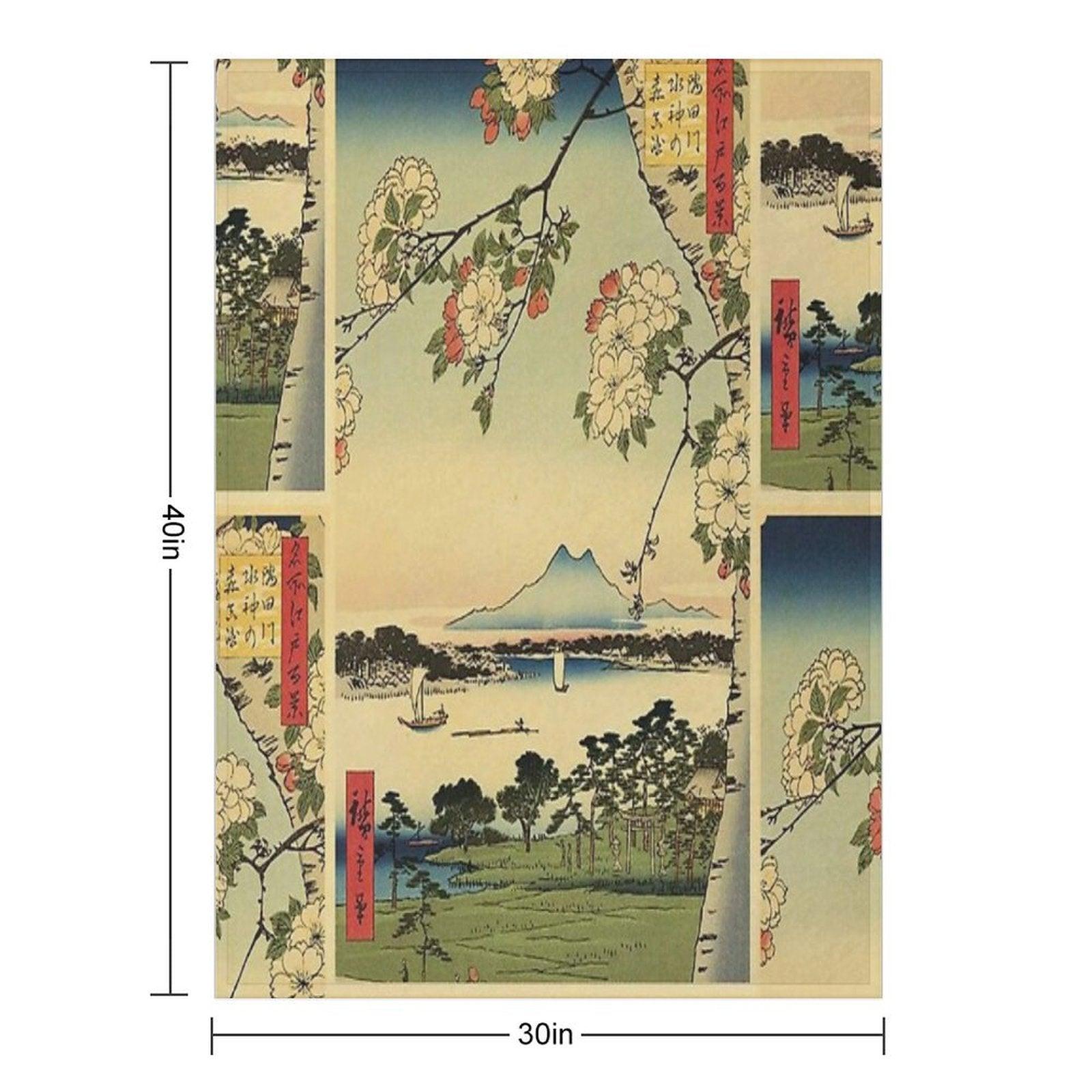 Japanese Print with A Lake And Mountains Throw Blanket
