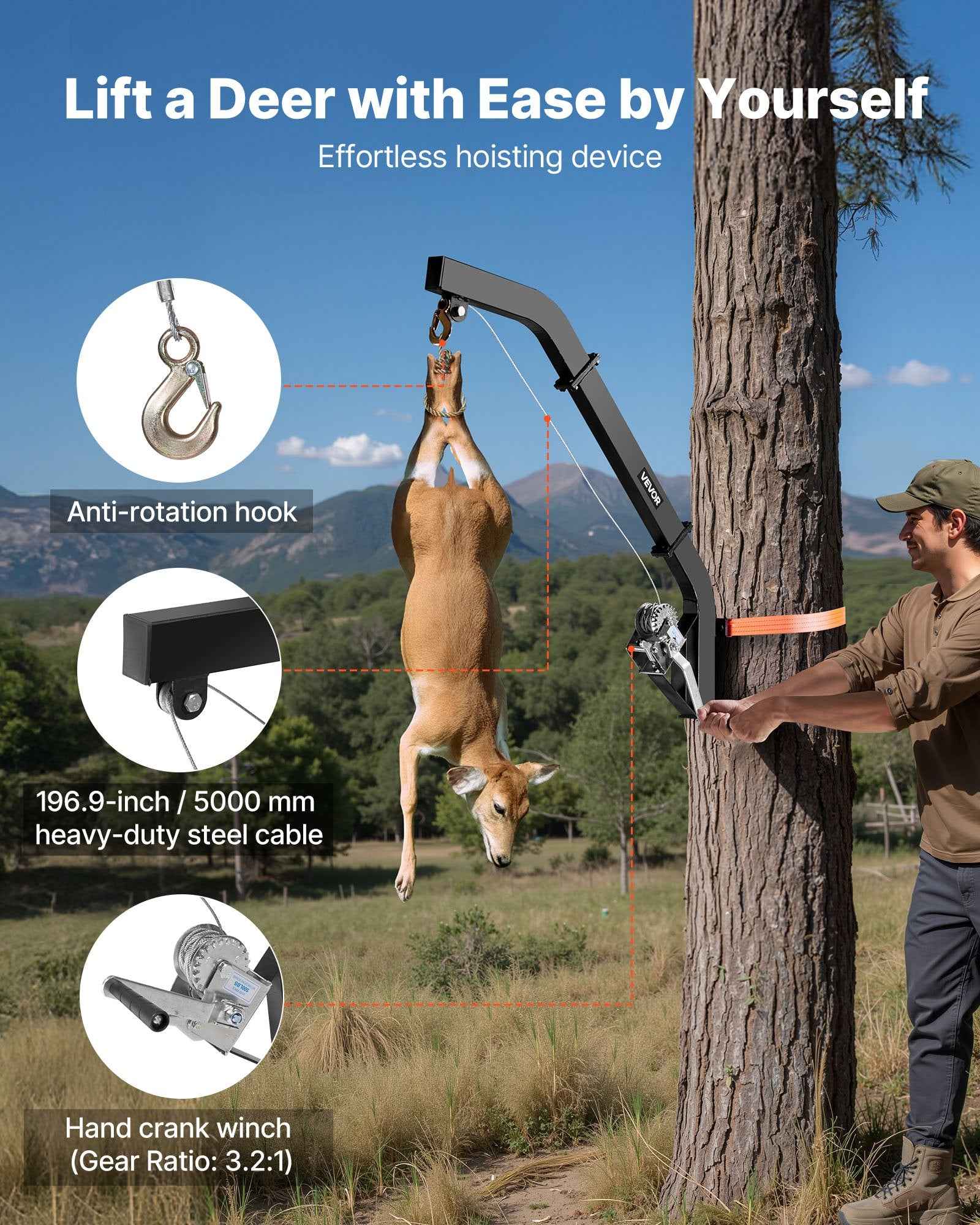 Tree Mounted Deer Hoist, 353 Lbs Load Capacity, Hunting Game Hoist Winch Lift With Ratchet Strap, Heavy Duty Deer Hanger For Skinning, Cleaning, Hanging Feed, And Field Dressing, Black