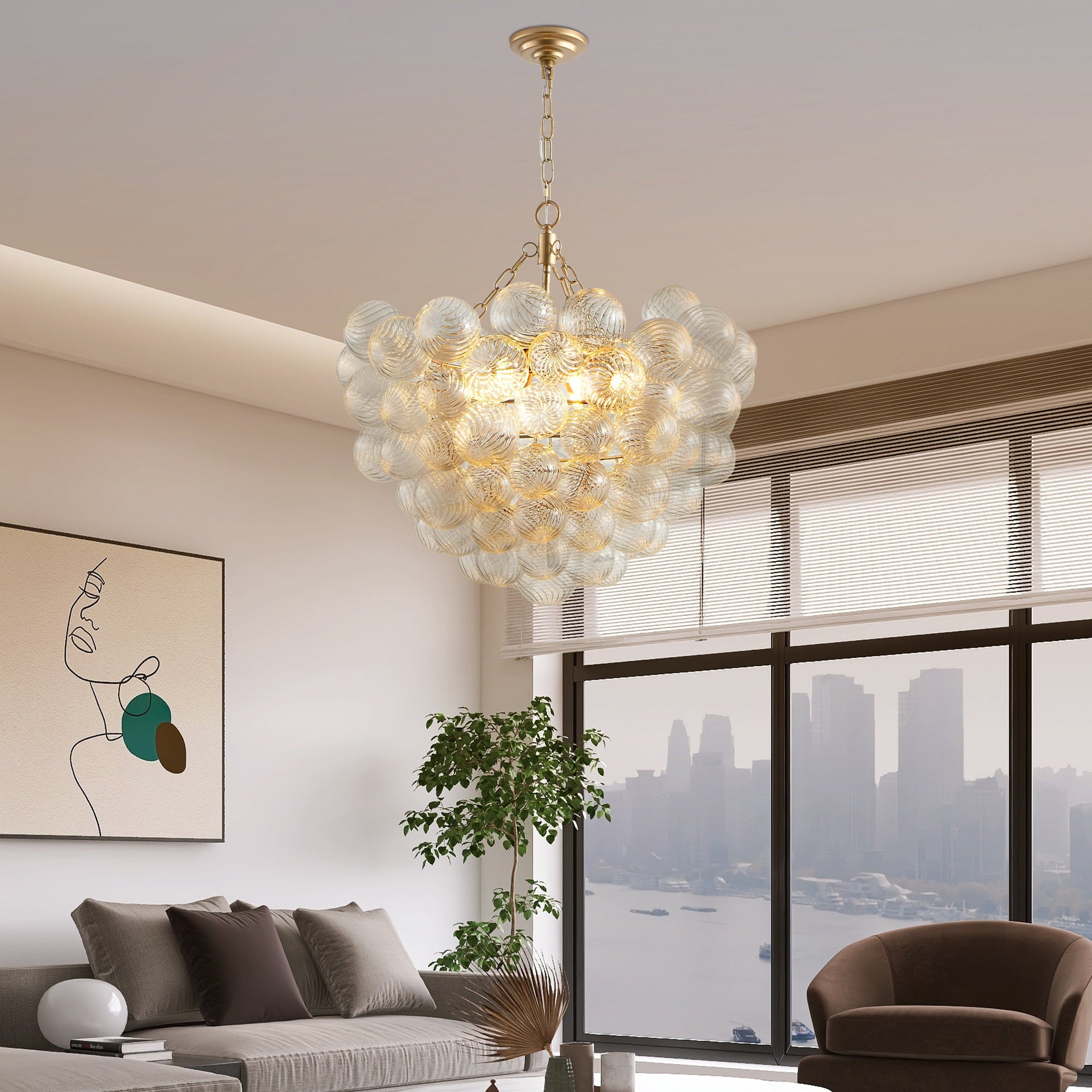 Gold Pendant Chandelier with Threaded Clear Glass Globe Shade for Living, Dining & Kitchen