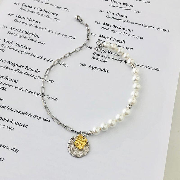 925 Sterling Silver Shell Pearl Chain Bracelet With Coin Charms For Womens Gift