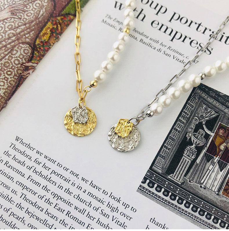 925 Sterling Silver Shell Pearl Chain Bracelet With Coin Charms For Womens Gift