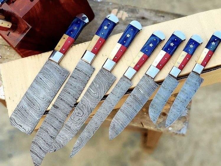 TEXAS FLAG HANDLE DAMASCUS KITCHEN KNIVES SET