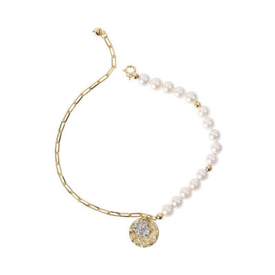 925 Sterling Silver Shell Pearl Chain Bracelet With Coin Charms For Womens Gift