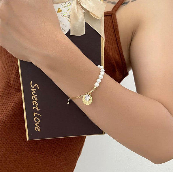 925 Sterling Silver Shell Pearl Chain Bracelet With Coin Charms For Womens Gift