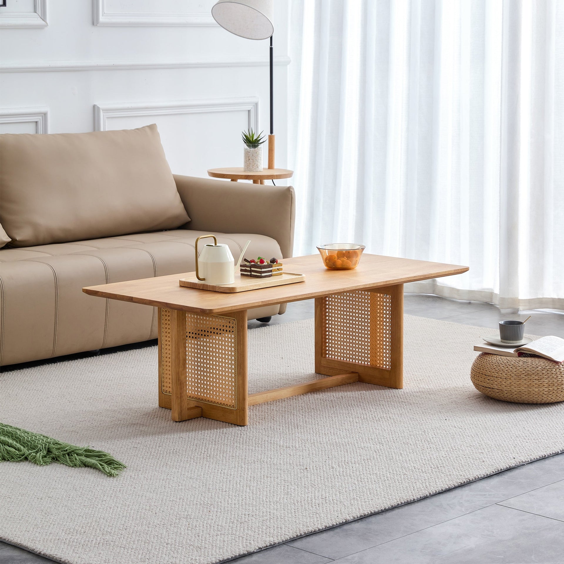 Natural Rubberwood and Solid Wood Coffee Table with Rattan Weave, Modern Minimalist
