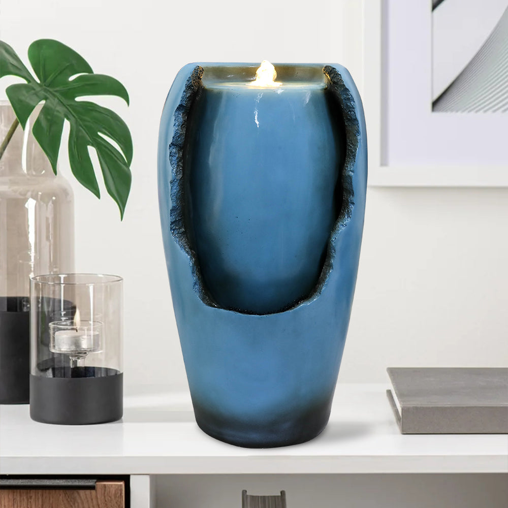Resin Blue Vase Water Fountain Tabletop with LED