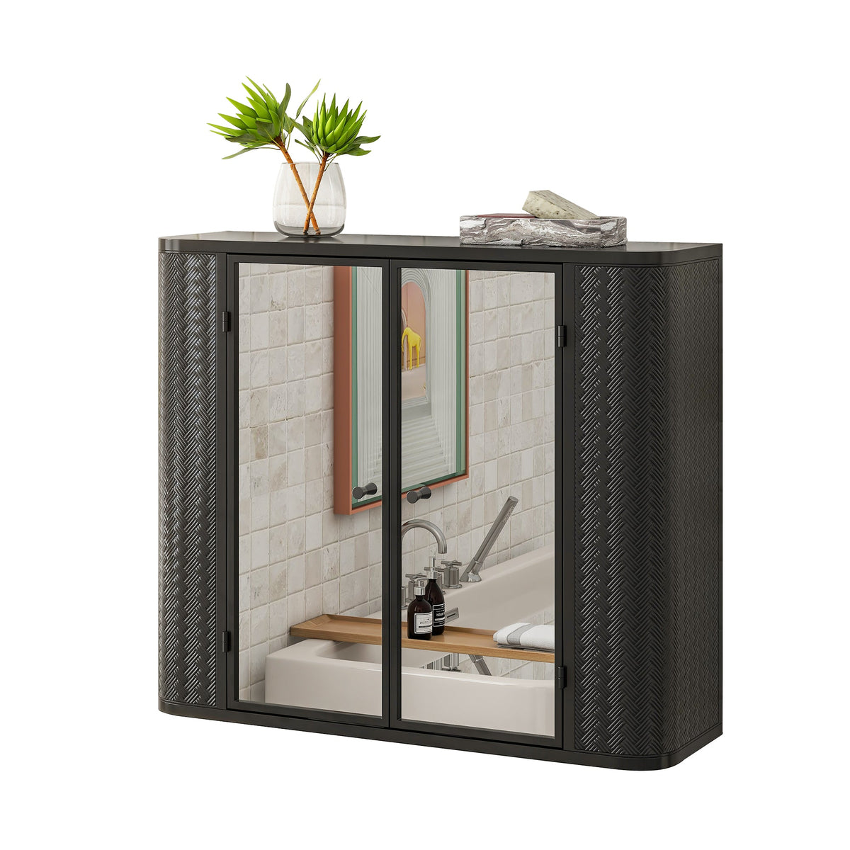 Black Wall-Mounted Bathroom Cabinet with Mirror