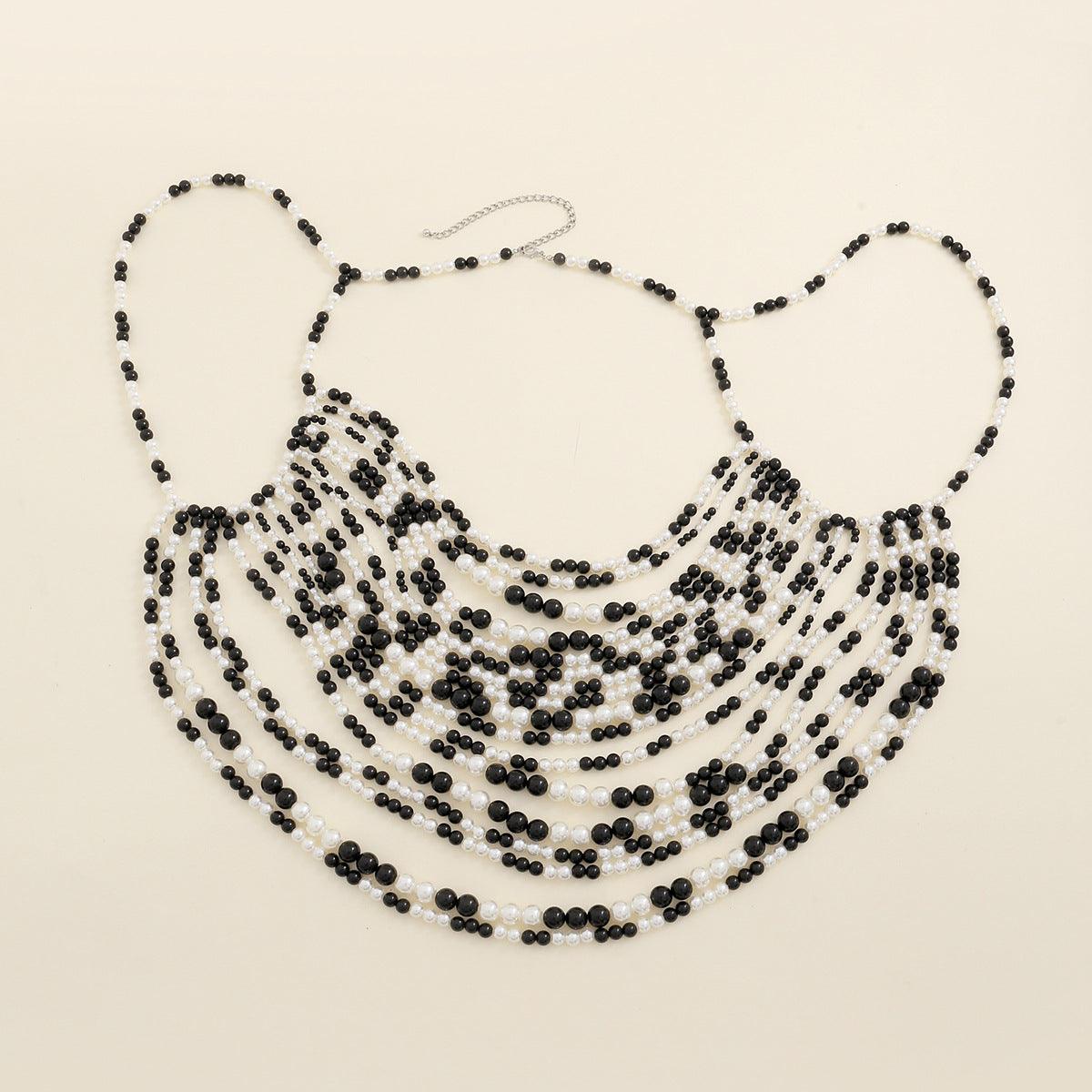 Multi layer imitation pearl black chain woven pearl layered body chain
