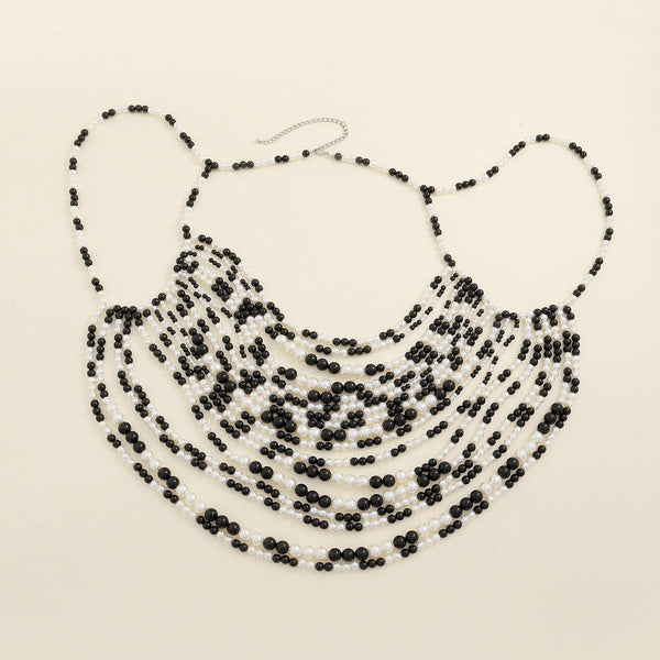 Multi layer imitation pearl black chain woven pearl layered body chain